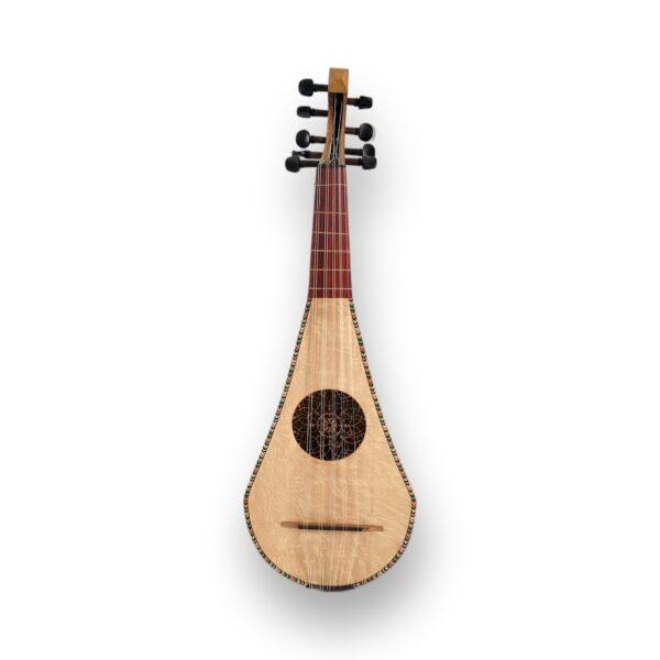 Medieval Gittern – spruce soundboard with carved rosette and chevron purfling, front view