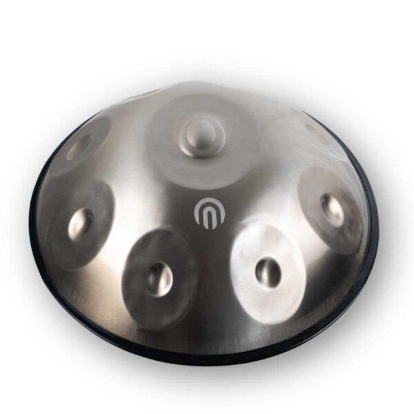 Stainless steel handpan with nine notes and a smooth, rounded design.