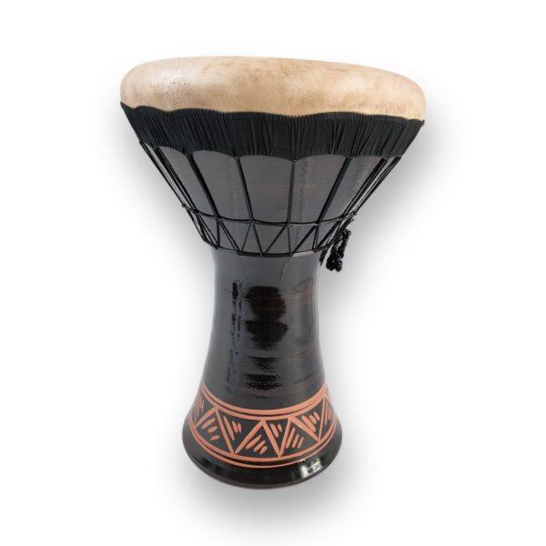 Dohola drum – bass clay darbuka with glossy black body and carved base