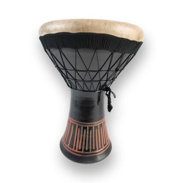Egyptian clay darbuka – satin-black high-fired clay body with hand-carved terracotta base and goatskin head