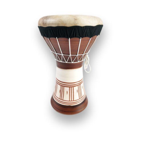 Turkish clay darbuka – hand-painted cream-and-terracotta clay body with goatskin head, front view