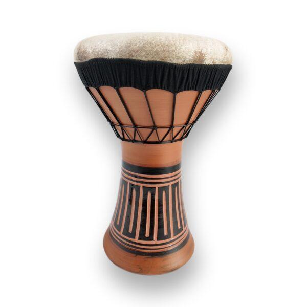 Ceramic darbuka – terracotta clay body with black tribal banding and natural goatskin head, front view