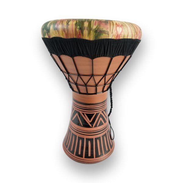 Colorful clay darbuka – terracotta clay body with black geometric banding and multicolour dyed goatskin head