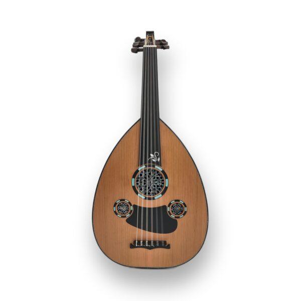 Cedar Top Professional Oud – front view of cedar soundboard and mother-of-pearl rosette
