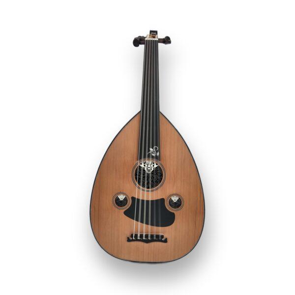Cedar Top Professional Oud Mahogany – front view showing cedar soundboard and mother-of-pearl rosettes