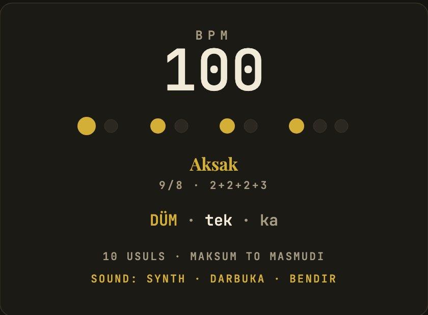 Tapadum Tuner metronome playing the Aksak usul in 9/8 with dum, tek, and ka strokes at 100 BPM