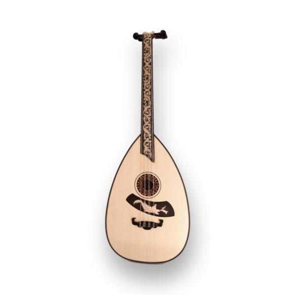 Turkish Lavta by Mustafa Gezerdag – front view of solid mahogany bowl lavta with spruce top