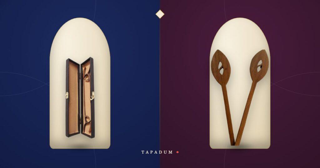Traditional Persian zahme mallets with finger-rings on the left, paddle-head hammered dulcimer sticks on the right