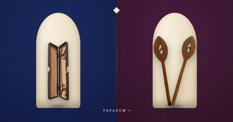 Traditional Persian zahme mallets with finger-rings on the left, paddle-head hammered dulcimer sticks on the right