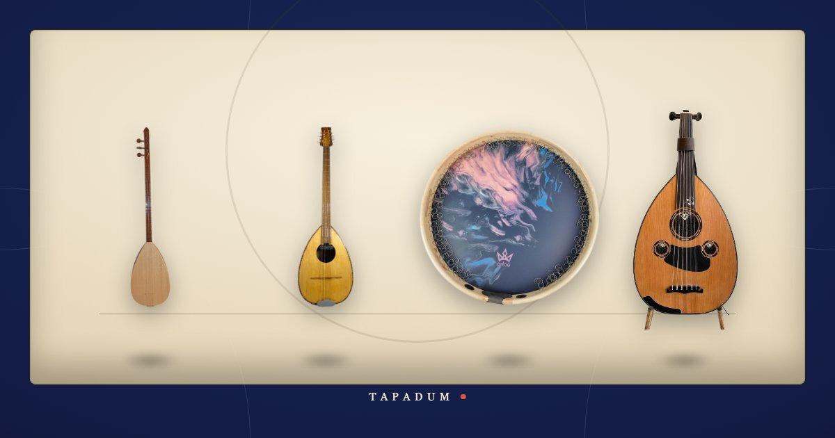 A baglama, bouzouki, frame drum, and oud displayed together, representing the shared instrument families across Turkish, Greek, Arabic, and Persian traditions