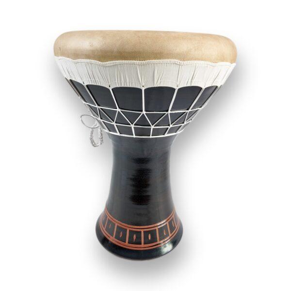 Black Bass Darbuka – glossy black glaze clay Dohola with copper base band and natural goatskin head