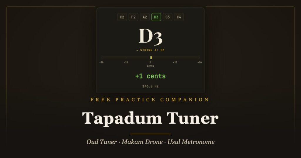 Tapadum Tuner online oud tuner interface showing a D3 reading in tune