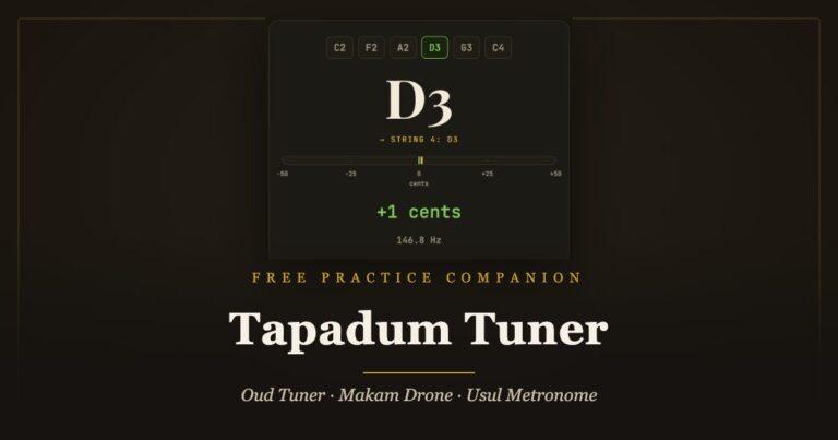 Tapadum Tuner online oud tuner interface showing a D3 reading in tune