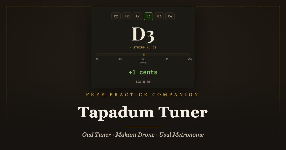 Tapadum Tuner online oud tuner interface showing a D3 reading in tune
