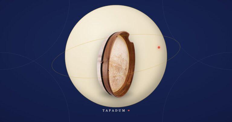A bendir frame drum resting inside a large glowing circle, symbolizing the steady meditative pulse of frame drums