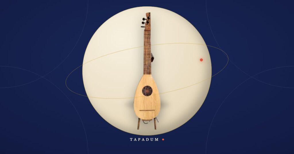 An oğur sazı, Erkan Oğur's modern six-string baglama reinvention, standing in a glowing circle