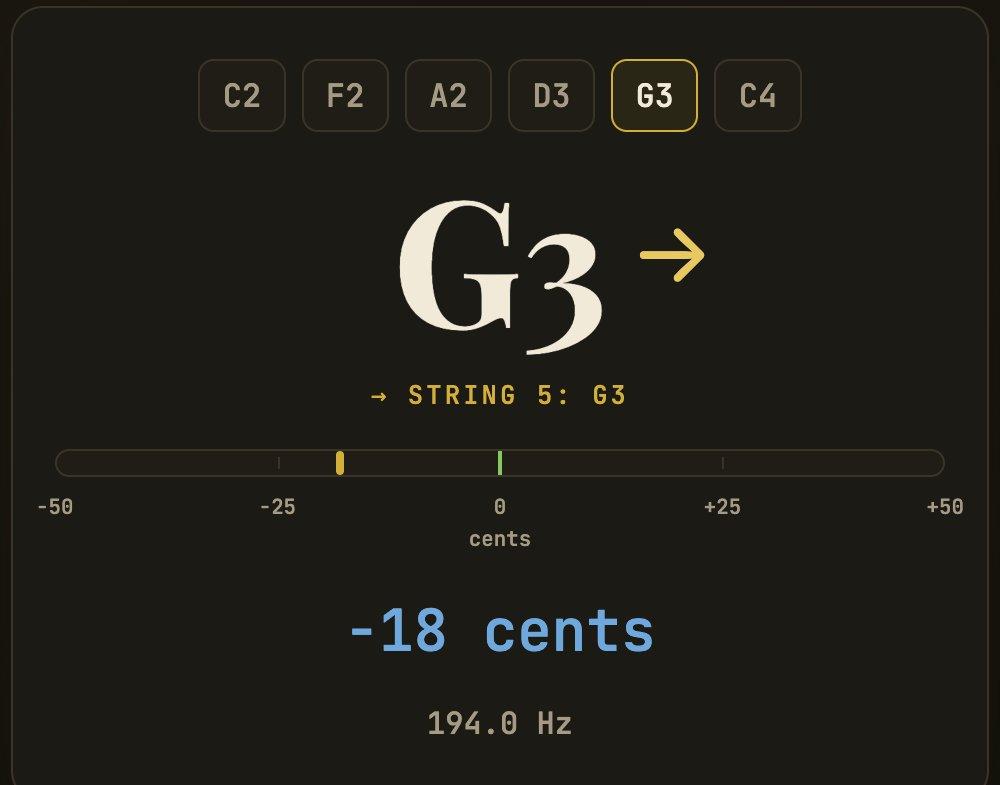 Tapadum Tuner Auto mode detecting a G3 string 18 cents flat and pointing to the nearest target