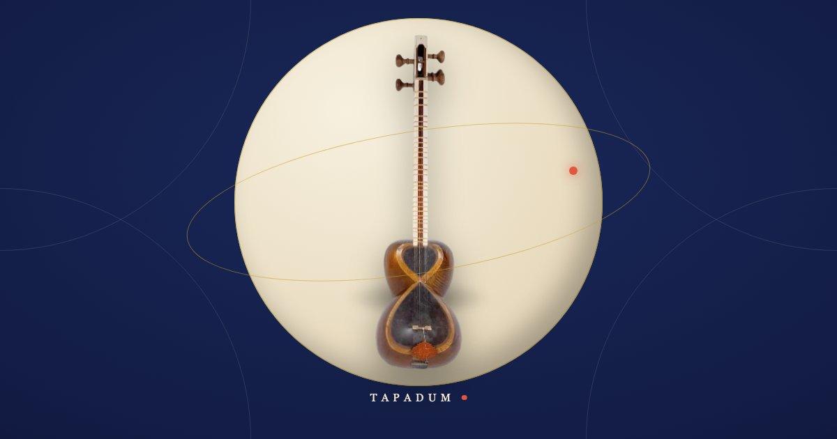 Persian tar with its double-bowl mulberry body and long fretted neck, resting in a glowing circle