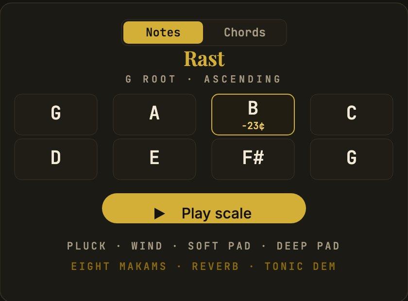 Tapadum Tuner Scale screen playing the Rast makam with the B note shown 23 cents low