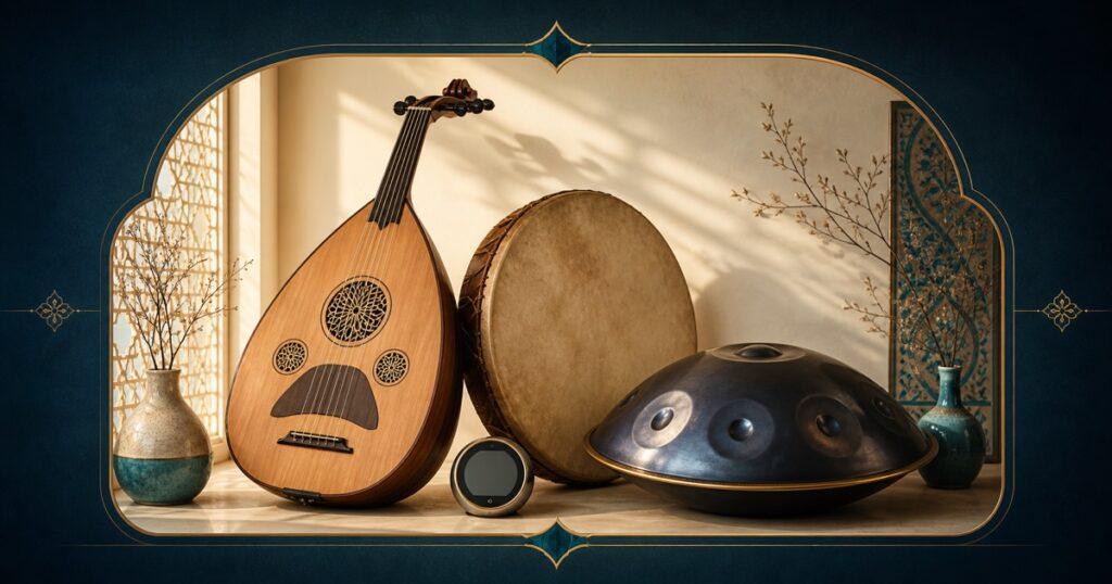 Oud, frame drum and handpan arranged for seasonal humidity care