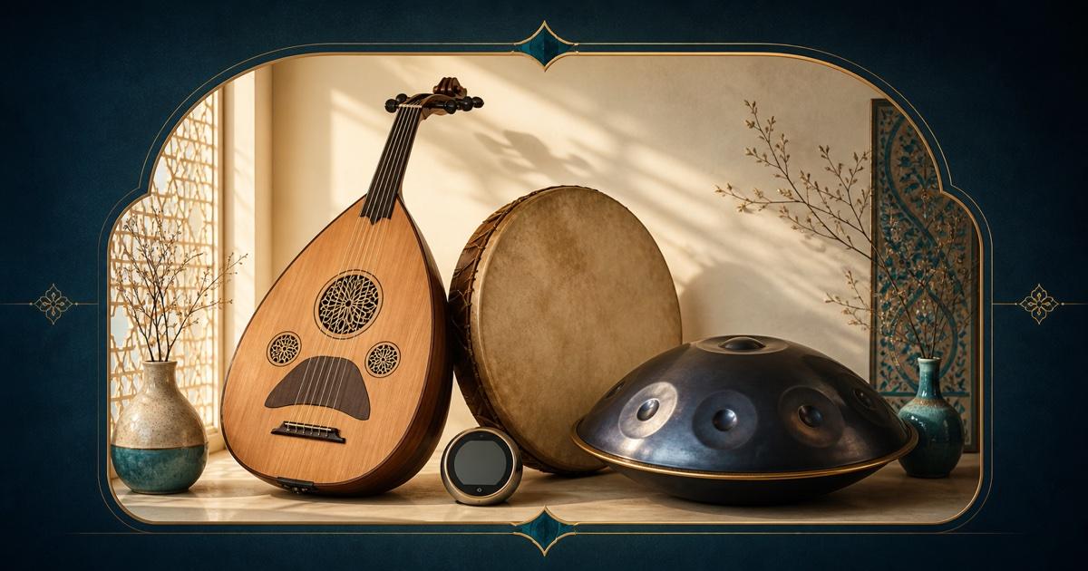 Oud, frame drum and handpan arranged for seasonal humidity care