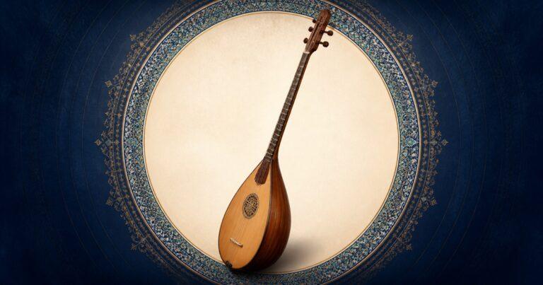 Handcrafted buzuq on an indigo ornamental light stage