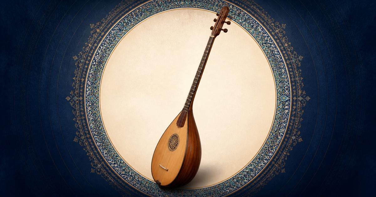 Handcrafted buzuq on an indigo ornamental light stage