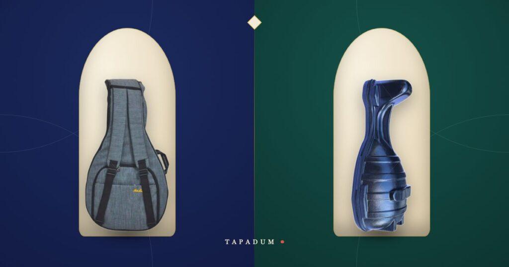 Oud padded gig bag and fiber hard case side by side - two classes of oud case