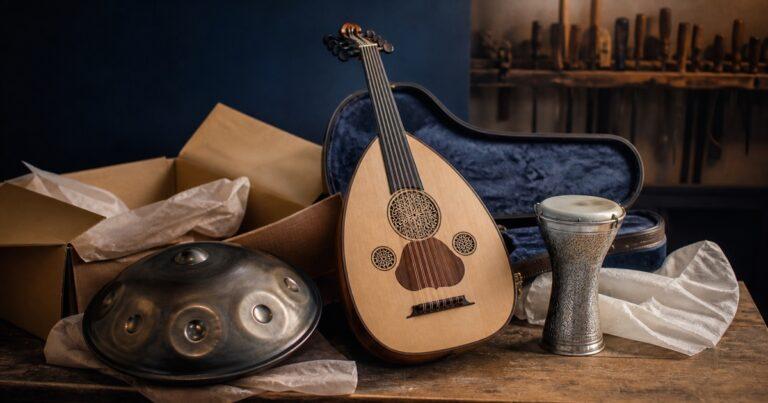 Newly delivered oud, handpan and darbuka ready for their first inspection