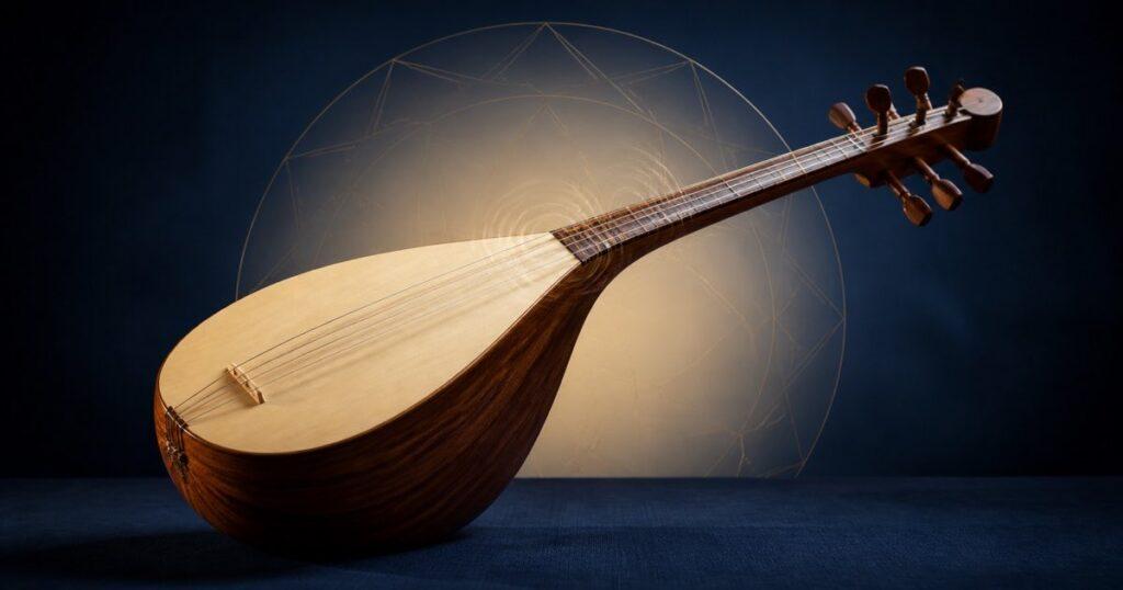 Handmade long-necked lute showing wooden tuning pegs and vibrating strings