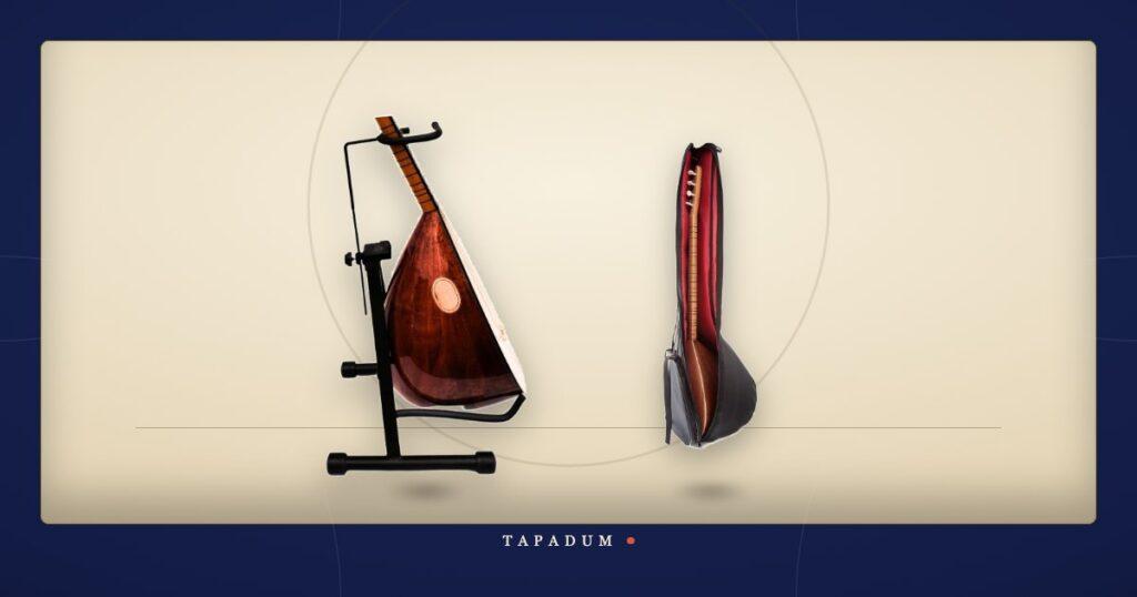 Saz accessories - baglama stand and padded gig bag with a saz inside