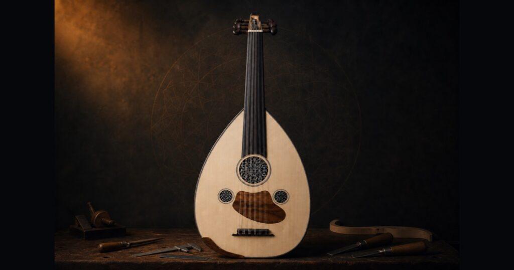 A Turkish oud surrounded by traditional luthier tools on a dark wooden workbench