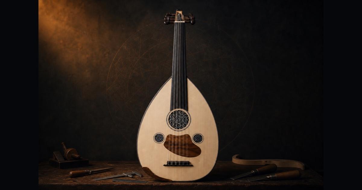 A Turkish oud surrounded by traditional luthier tools on a dark wooden workbench