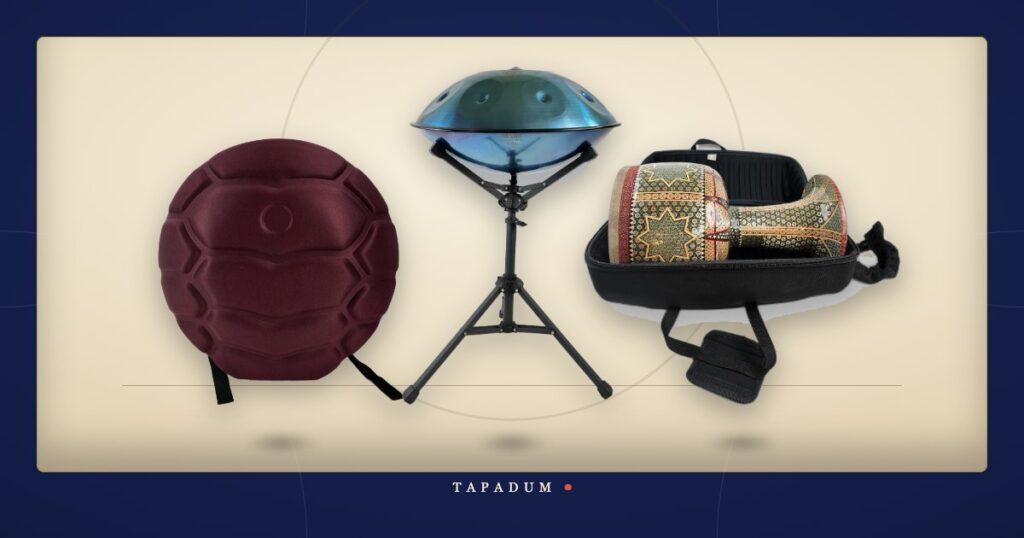 Percussion accessories - handpan hard case, handpan stand with handpan, and a tombak hard case with drum inside