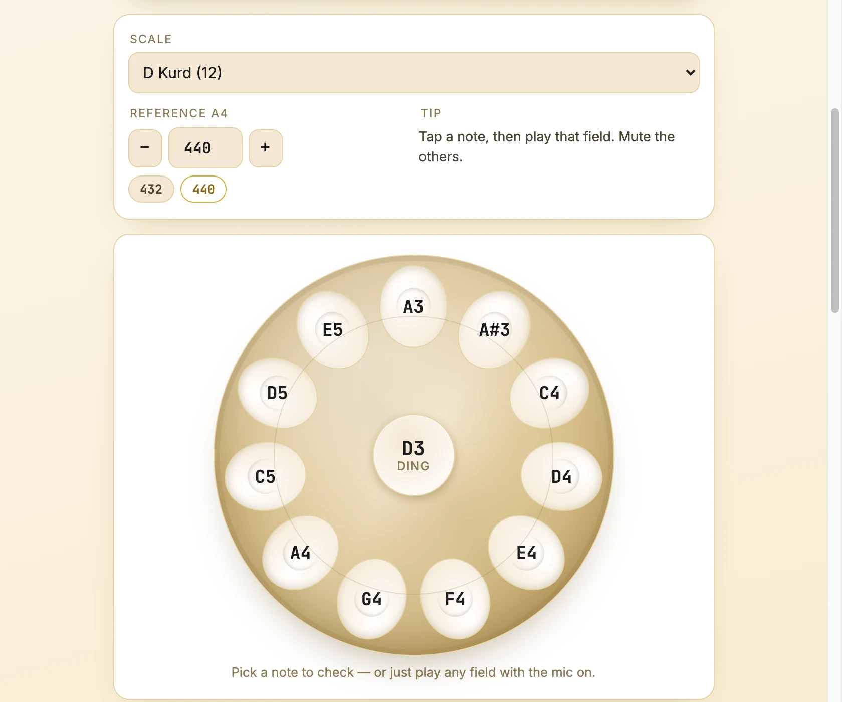 Handpan tuner scale selector showing D Kurd 12 notes with reference A4 and the 432 and 440 shortcuts