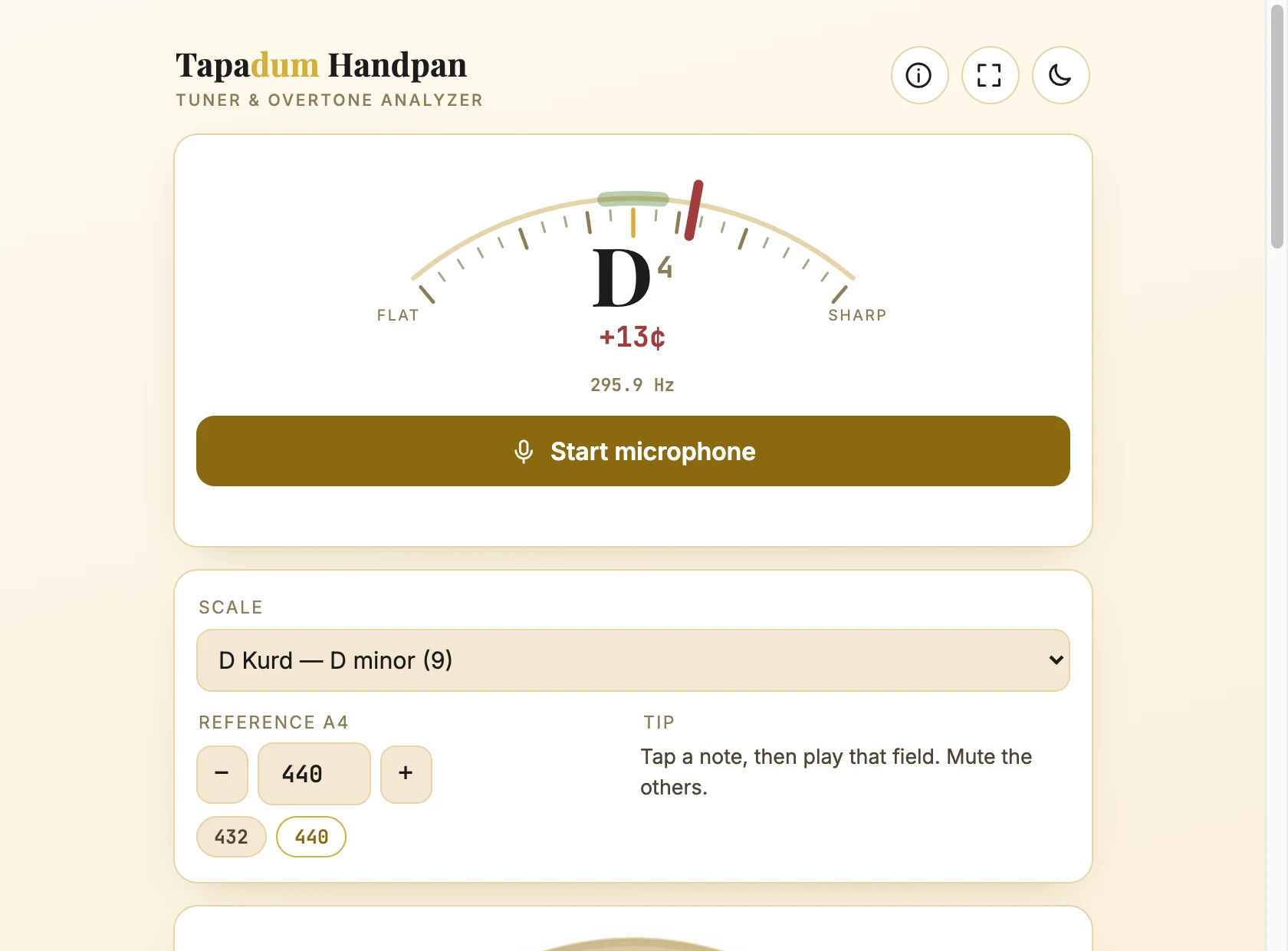Handpan tuner arc gauge reading D4 thirteen cents sharp