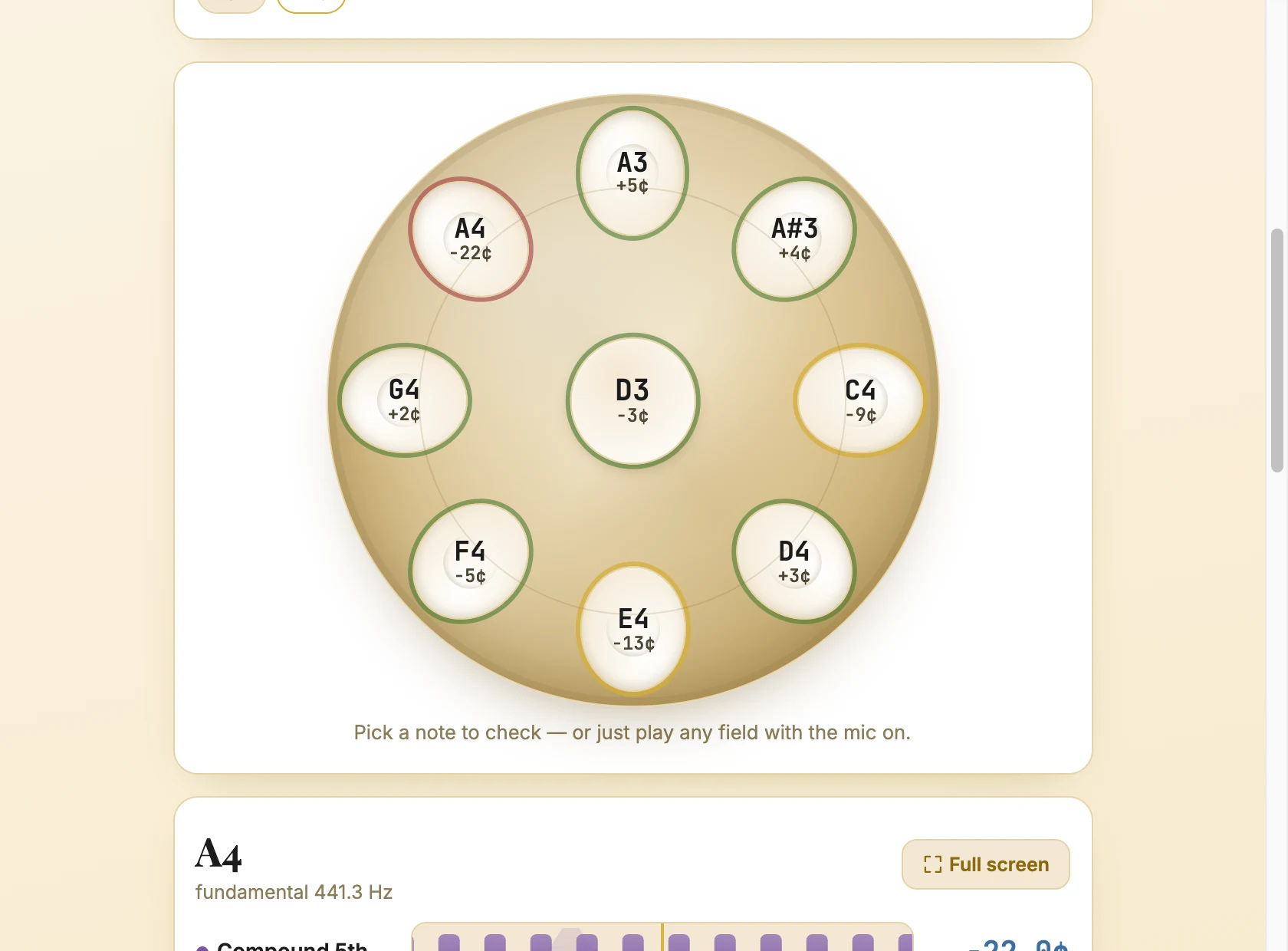 D Kurd handpan map after a full check – green, amber and red rings with cents under each note
