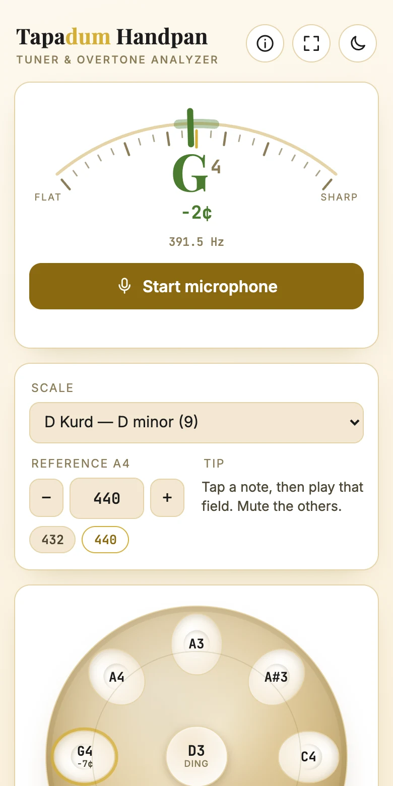 Tapadum Handpan Tuner on a phone screen reading G4 two cents flat