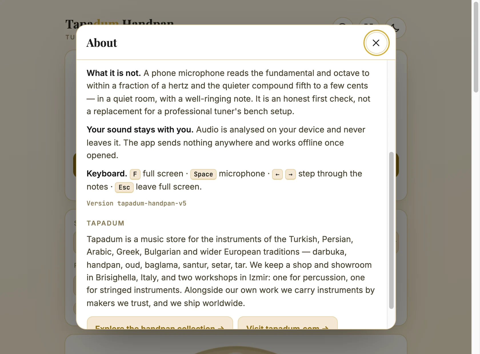 About page of the handpan tuner stating its limits and that audio never leaves the device