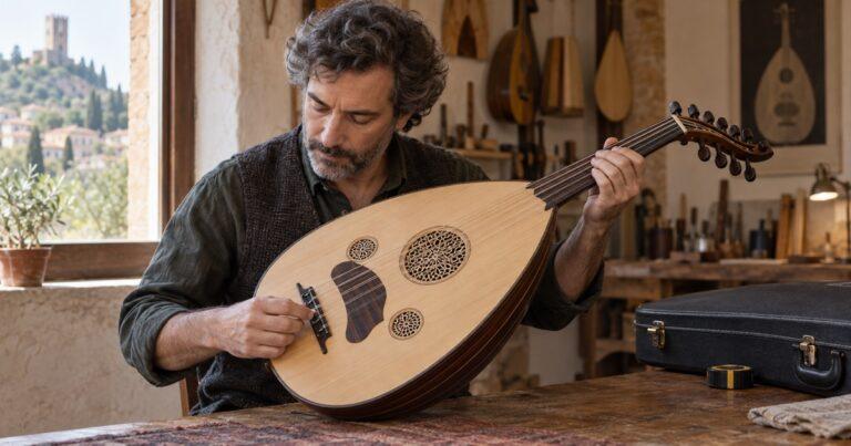 A musician inspecting a handmade oud before buying an instrument online
