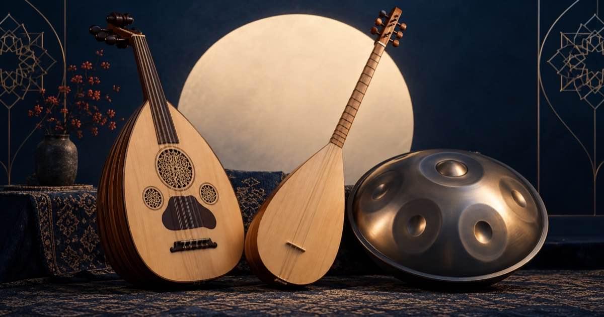 An oud, baglama and handpan arranged in an editorial studio composition