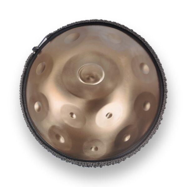 Handpan Tapadum Pro 15 Notes D Kurd Scale – stainless steel top shell with central doum and woven handpan belt