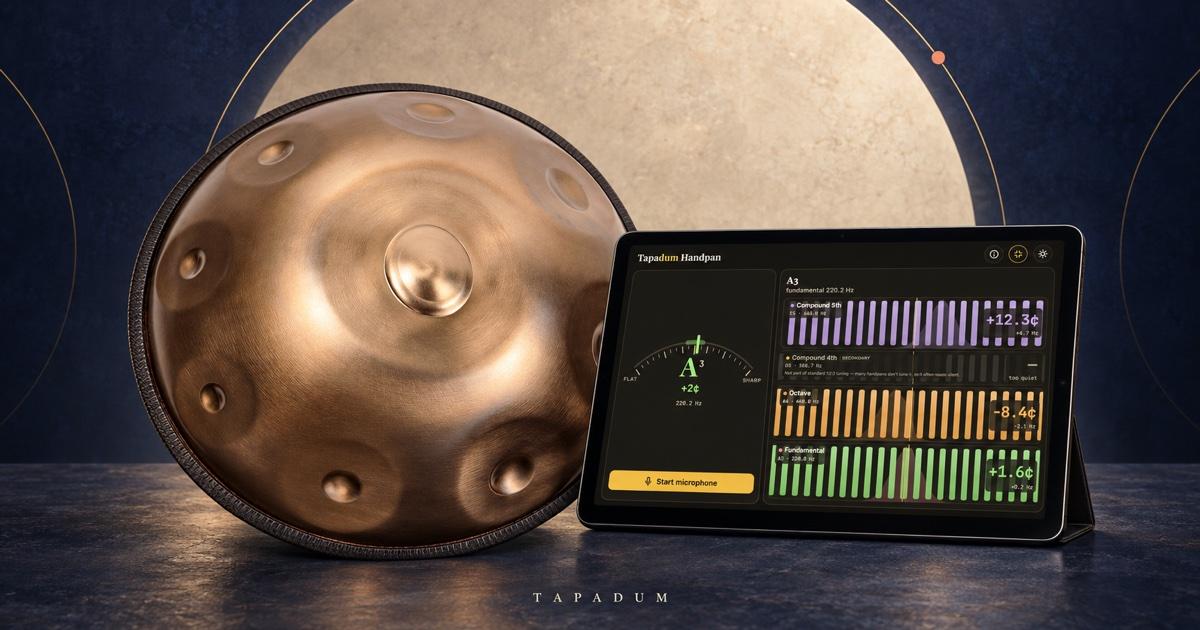 Bronze handpan beside a tablet showing the Tapadum Handpan Tuner and its overtone analysis.