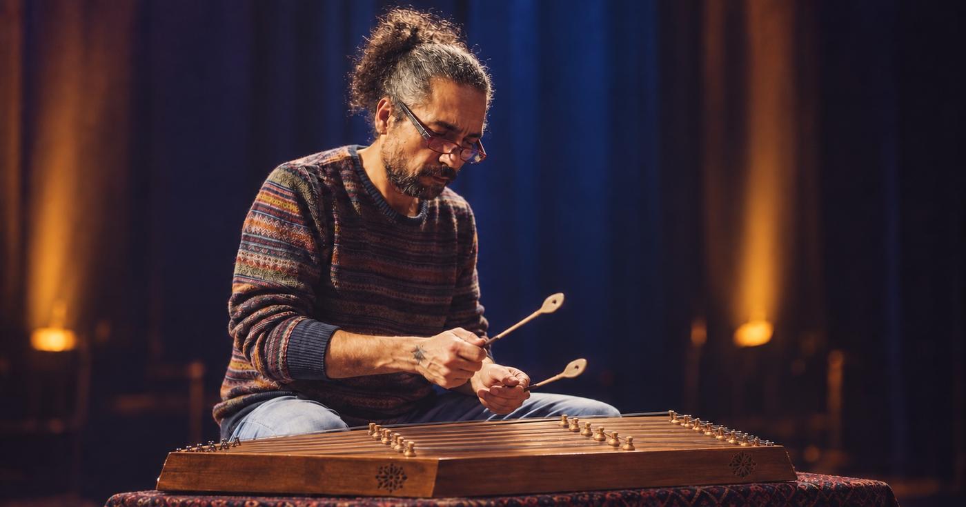 Ozgur Yalcin playing a Persian santur on stage