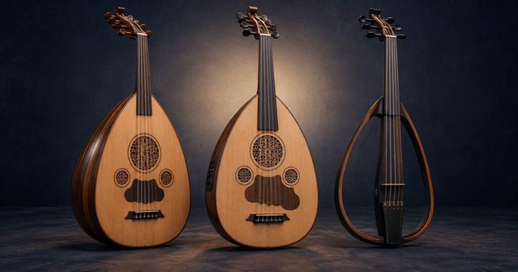 Three contrasting oud designs: two acoustic ouds and a frame-style silent electric oud