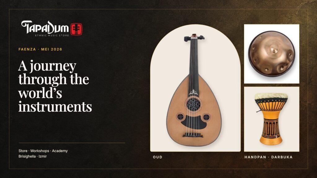 Tapadum at MEI 2026 in Faenza – poster with an oud, a handpan and a darbuka
